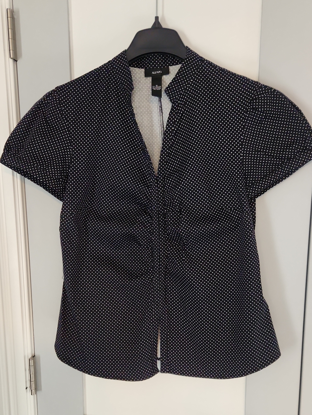 Alfani Black and White Polka Dot Short Sleeve Blouse, size 12.